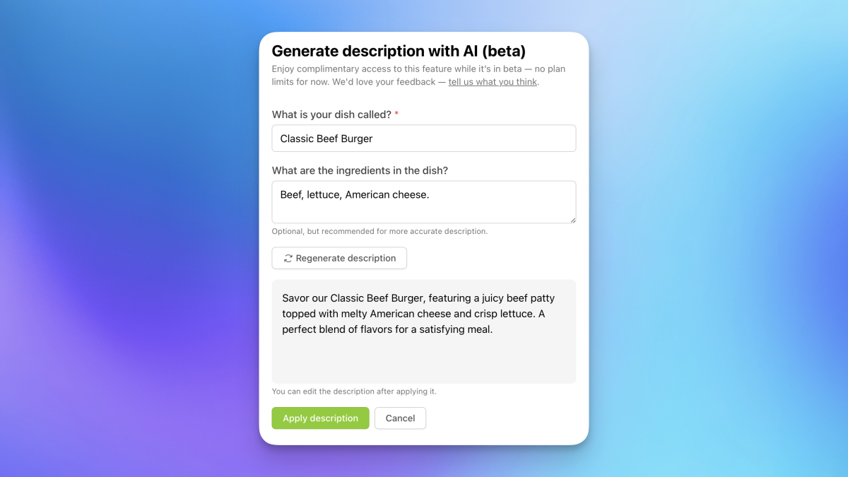 Generate AI-powered descriptions for menu items