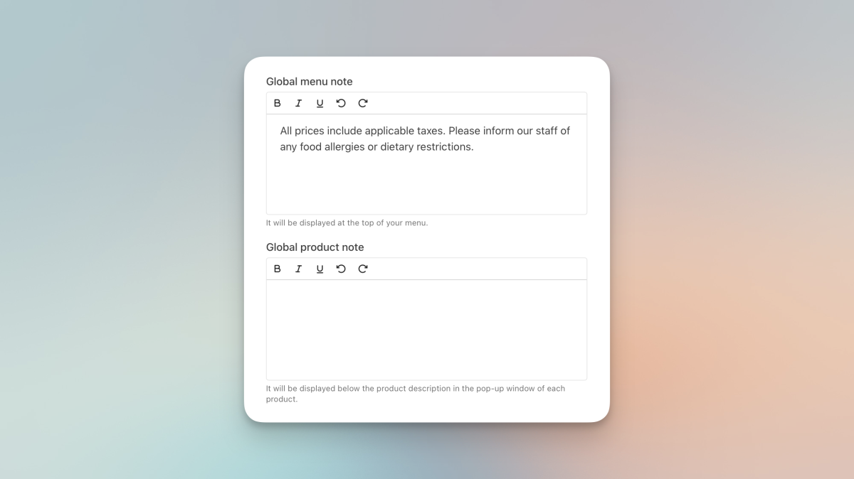 Add global menu and product notes