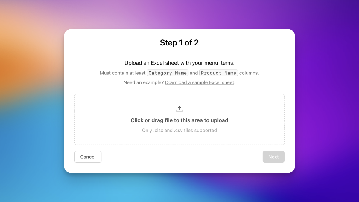 Add your menu faster with Excel upload