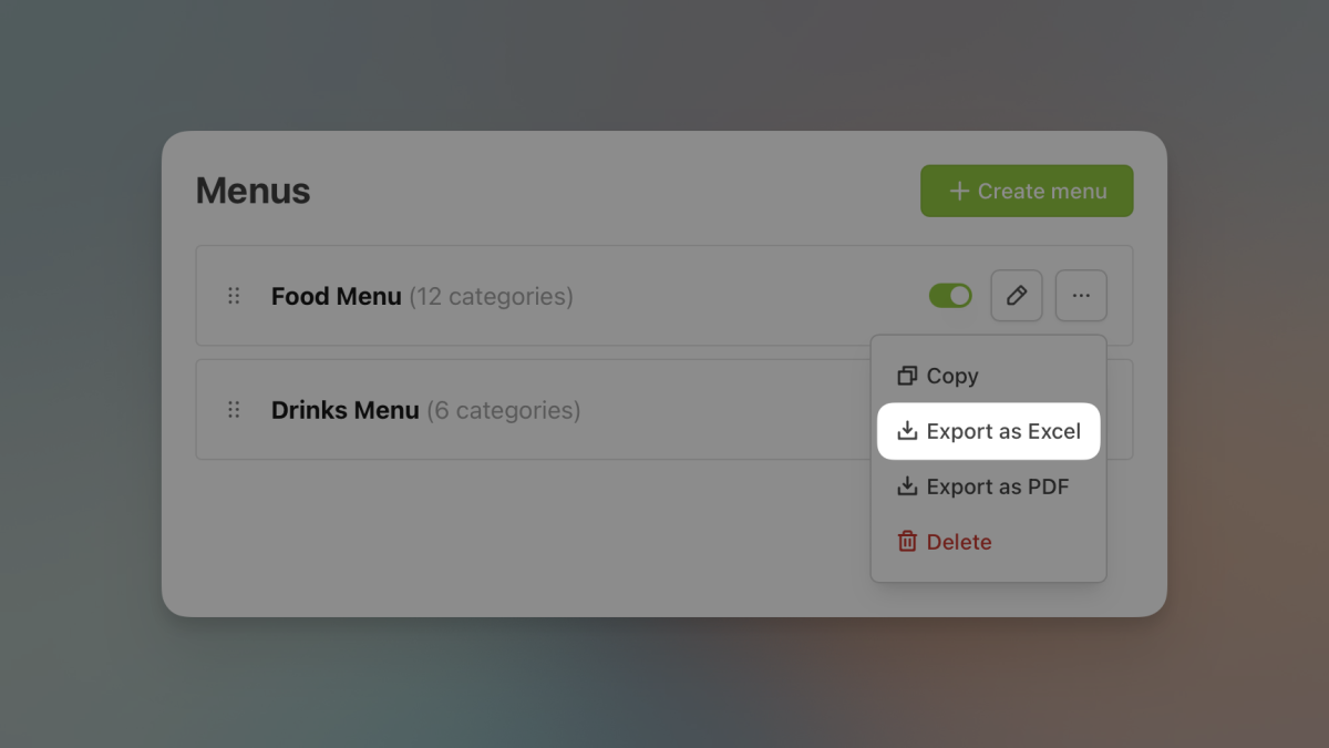 Export your menus as an Excel file